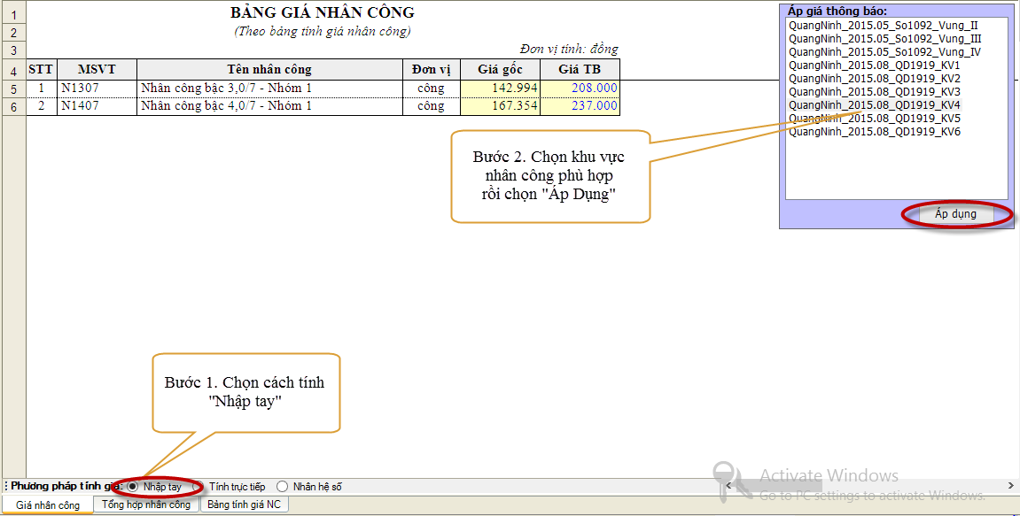 Hướng dẫn cách áp giá nhân công theo QĐ 1919 của tỉnh Quảng Ninh