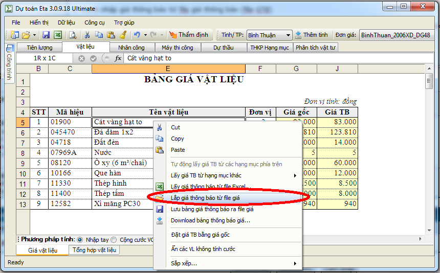 Cách lắp giá thông báo vật liệu, giá ca máy từ file giá, file Excel